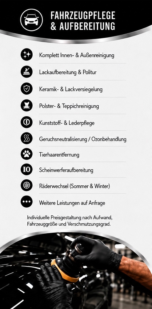 Faltflyer innen, linke Seite: Fahrzeugpflege und Aufbereitung